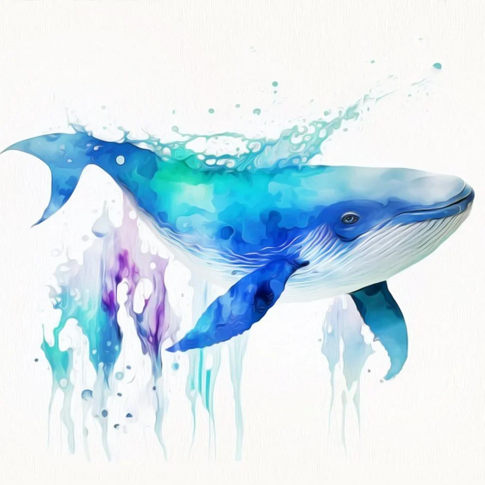 Blue Whale Watercolor Oil Painting Wall Art Print - Picture 4 of 7